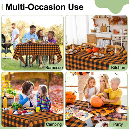 4 Packs Buffalo Disposable Table Cloth, 54 X 108 Inch Waterproof Plastic Tablecloth, Rectangle Black and Orange Checkered Table Covers for Fall, Halloween Decorations