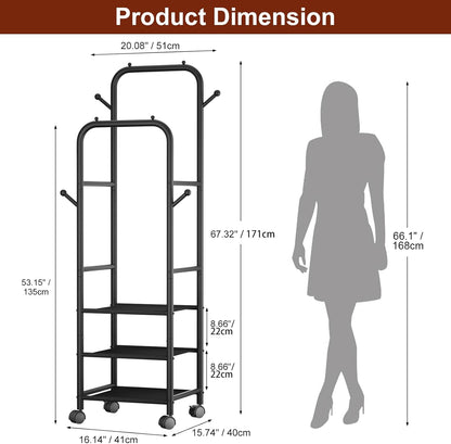 Rolling Clothing Racks for Hanging Clothes, Double Rods Clothes Rack with Wheels, Sturdy Coat Racks,Portable Metal Garment Rack for Bedroom Laundry Living Room, Black