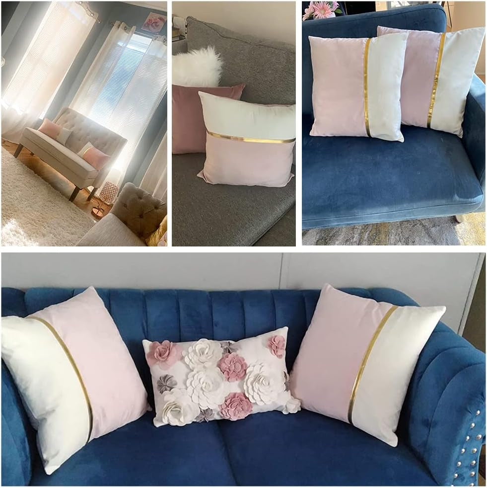 2 Packs Decorative Throw Pillow Covers 18X18 Inch for Living Room Couch Bedroom, Blush Pink and White Velvet Patchwork with Gold Leather, Luxury Modern Home Decor Cute Cushion Case 45X45 Cm