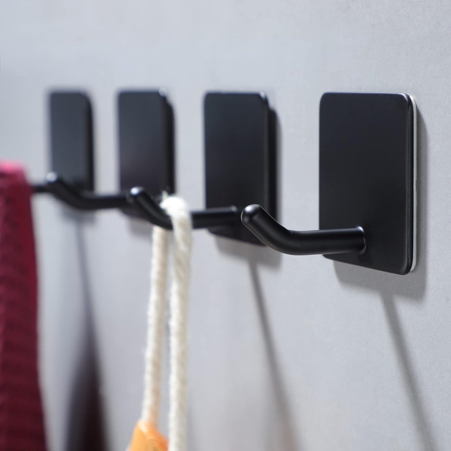 Matte Black Stainless Steel Adhesive Towel Hooks - Set of 4 for Hanging Robes and Coats, Wall-Mounted Design
