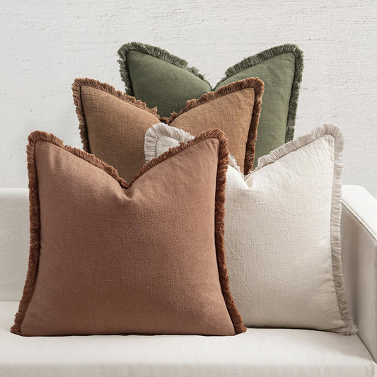 Fall Decorative Couch Pillow Covers Neutral Linen Fringe Throw Pillows Set of 4 Soft Rustic Cushions Boho Farmhouse Pillowcases for Bed Sofa Living Room Home Decor 18X18 Inch Beige/Brown/Green