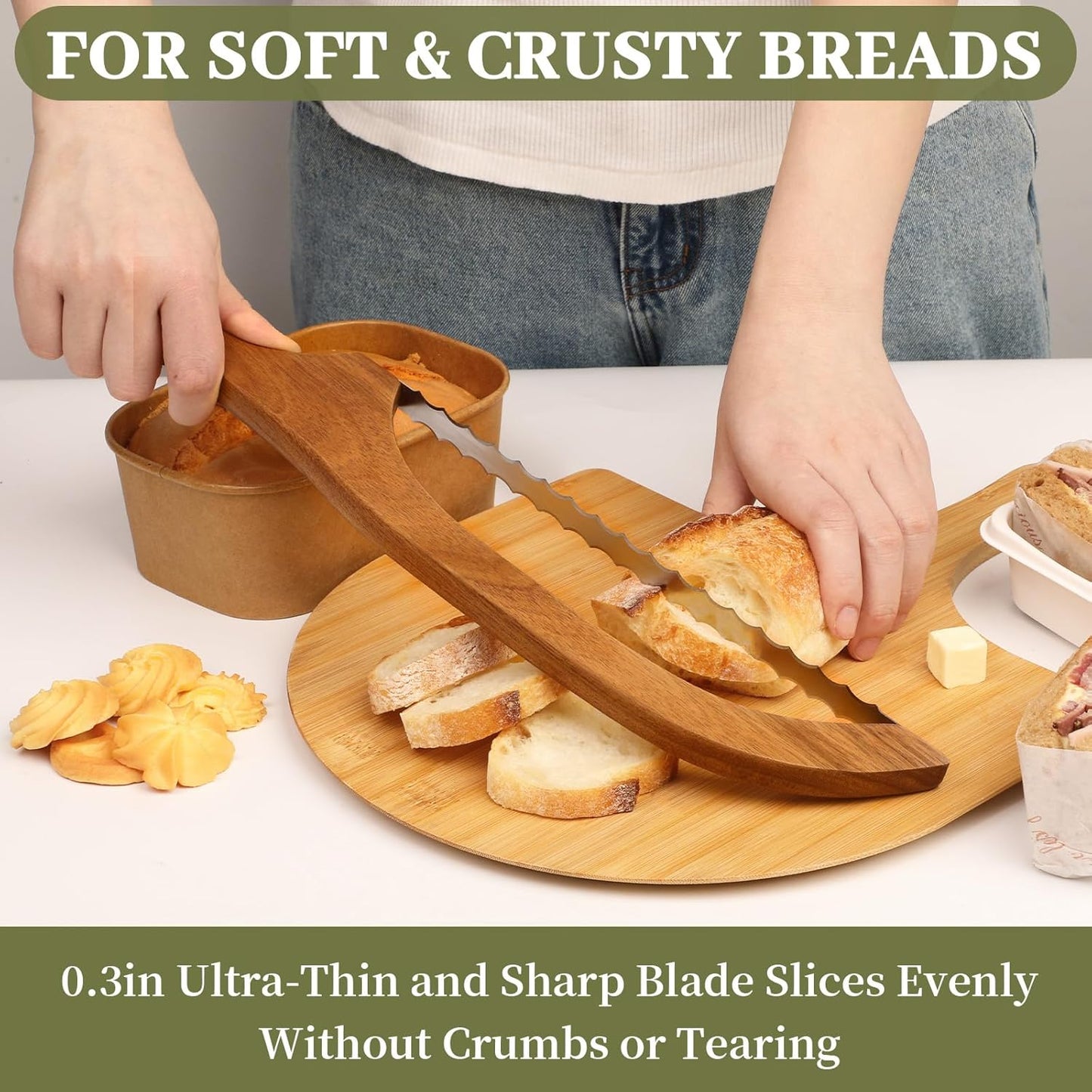 Serrated Bread Knife with Accessories - 15.7" Acacia Wood Bow, Double Serrated Stainless Steel Blades, Sourdough Bread Knife for Homemade Bread Sourdough, Bagels, Baguettes, Cheese, Fruit, Cake