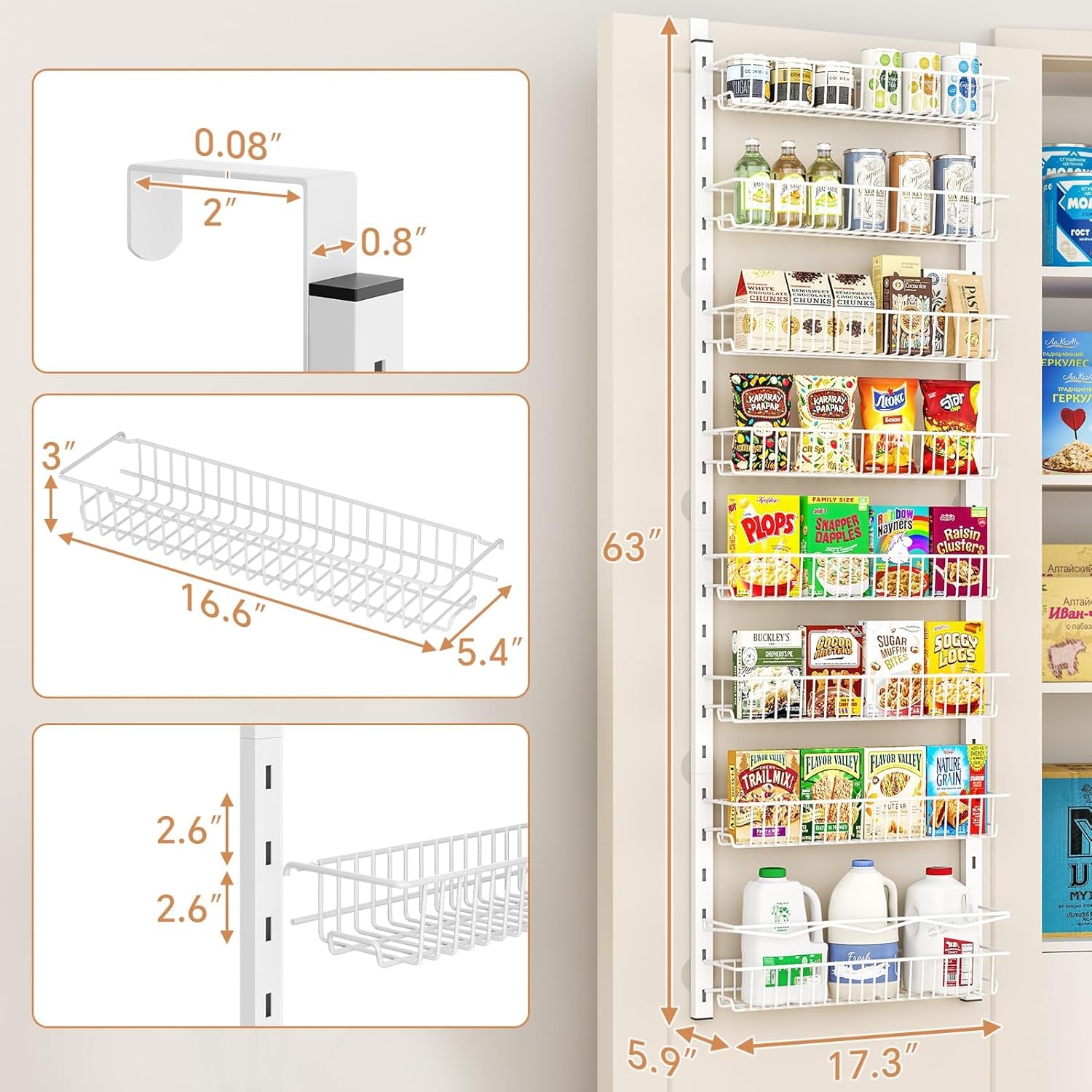 over the Door Pantry Organizer, 8-Tier Adjustable Spice Rack Cabinet Door Shelves, Hanging Seasoning Organizer for Kitchen Bathroom, Laundry Room Organization, White