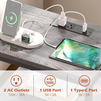 Charcoal Gray Nightstand with Charging Station and Adjustable Fabric Drawer, 3-Tier Storage End Table for Bedroom and Living Room