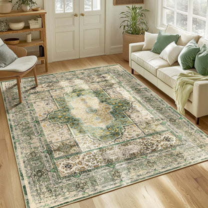 6X9 Area Rugs Machine Washable No Pile Non Slip Vintage Rugs for Living Room&Bedroom&Dinning Room Bohemian Distressed Carpet Indoor,Green/Teal/Multi