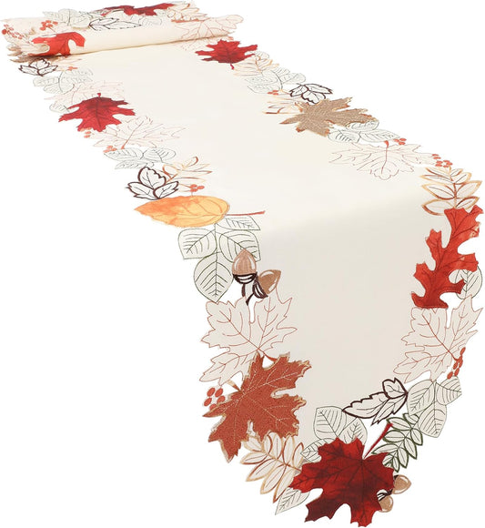 Linen Textured Fall Halloween Table Runner 70 Inches Long, Cutwork Applique Embroidered Dresser Scarf for Home Dining Holiday Autumn Halloween Thanksgiving Decor, 13 X 70 Inch