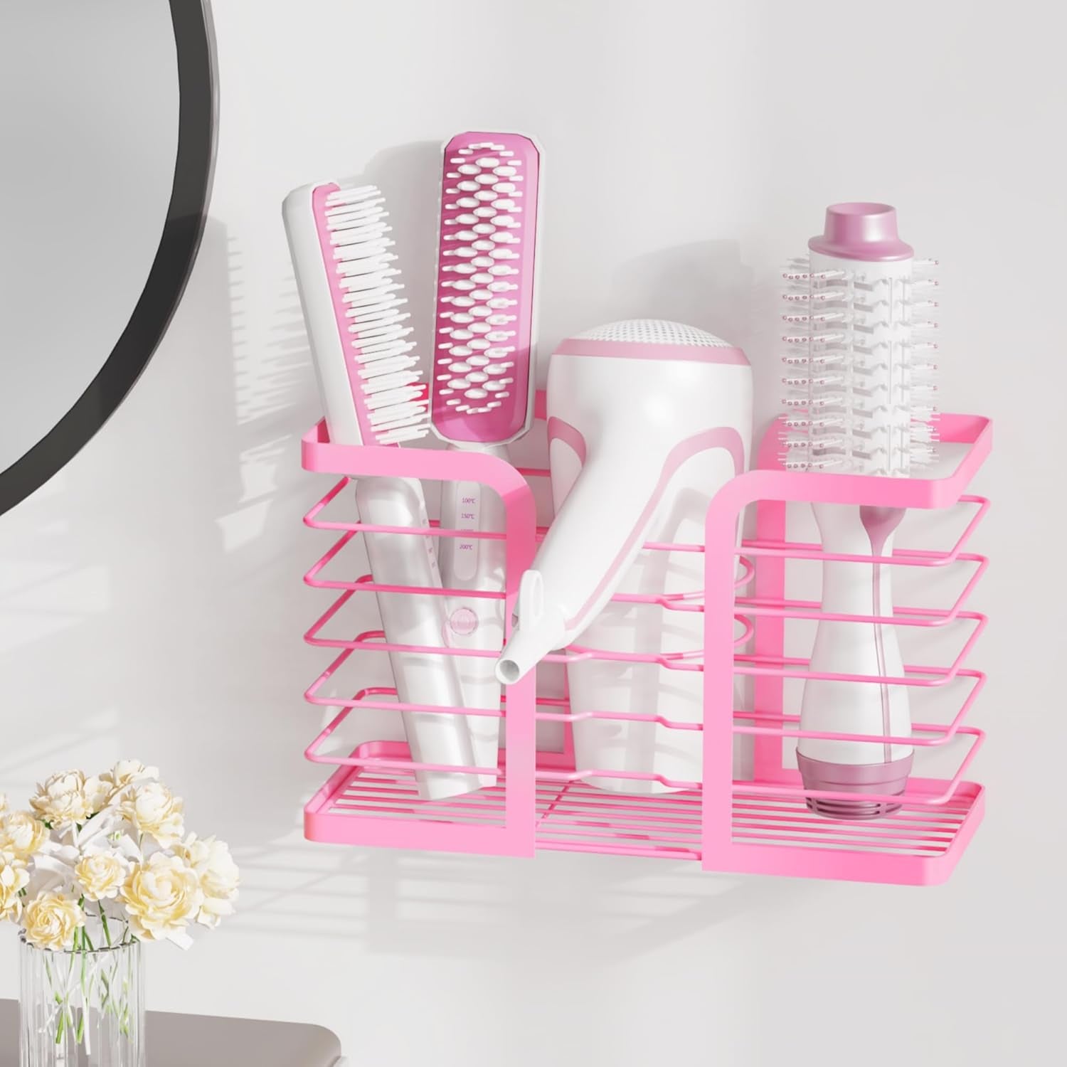 Pink Hair Dryer Holder - 3-Section Organizer for Hair Tools, Wall-Mounted/Cabinet Door Straightener Holder, Adjustable Height Metal Dryer and Curling Iron Organizer