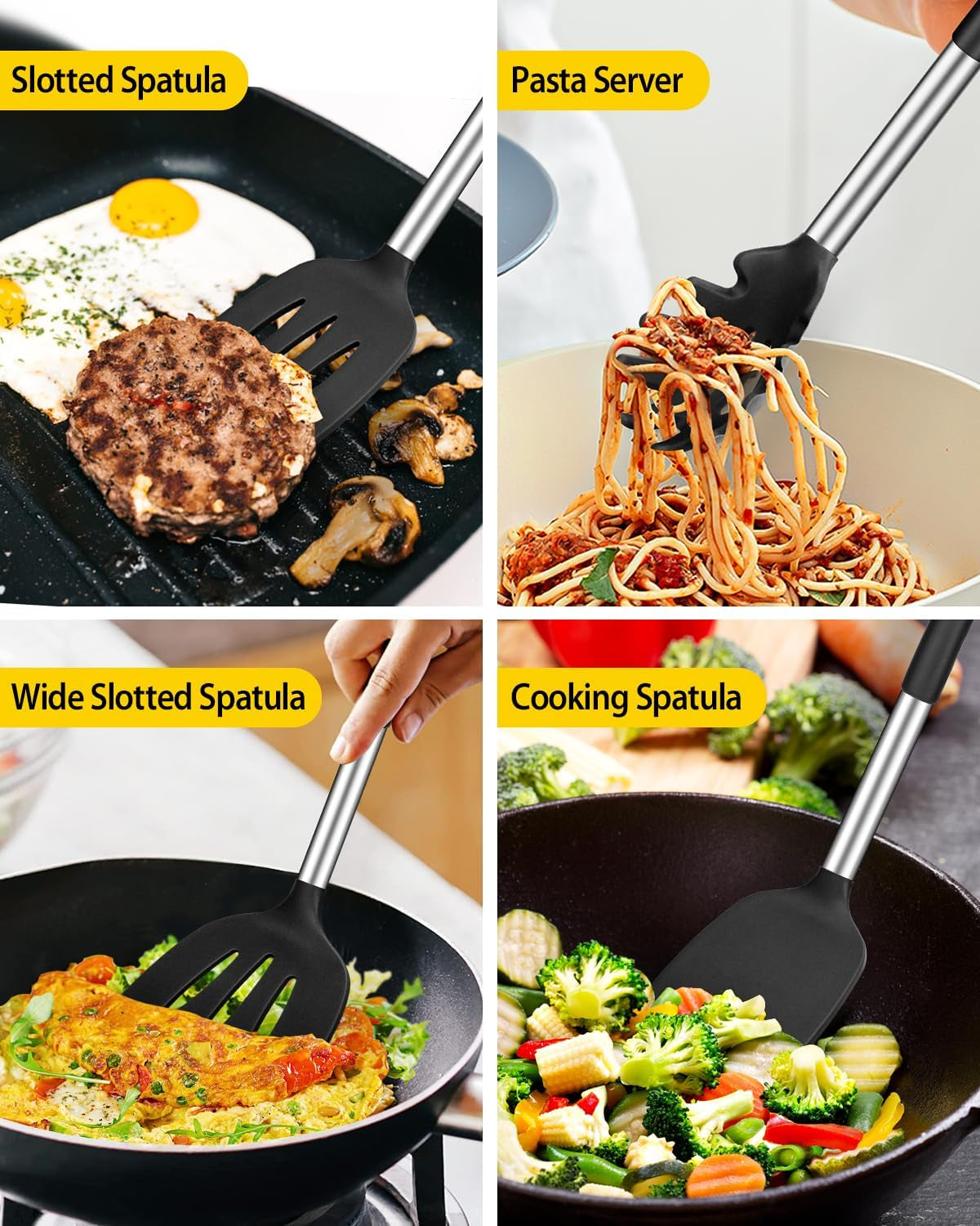 Silicone Cooking Utensil Set, 8Pcs Non-Stick Cookware with Stainless Steel Handle, BPA Free Heat Resistant Kitchen Tools with Spatulas, Turners, Spoons, Skimmer and Pasta Fork