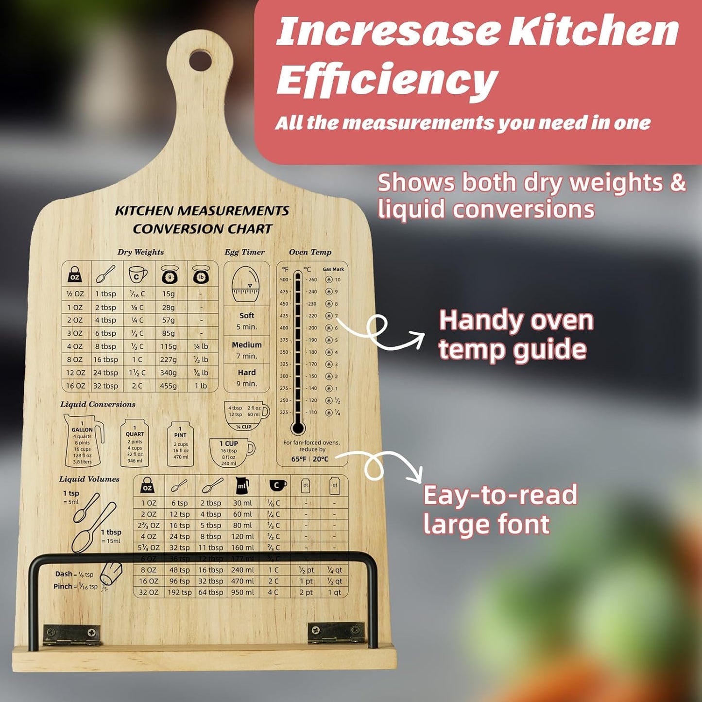 Kitchen Conversion Chart Cookbook Stand, Sturdy Wood Cook Book Holder, Recipe Cookbook Holder Stand with Kitchen Counters, Kitchen Baking Gifts for Women, Accessiores for Holding Cookbook