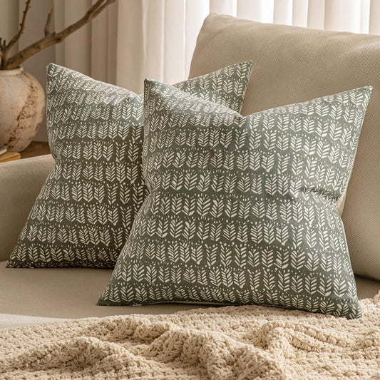Set of 2 Neutral Boho Farmhouse Throw Pillow Covers 18X18 Inch Laurel Green Vintage Accent Floral Cotton Linen Pillowcases for Couch Bed Living Home Decor