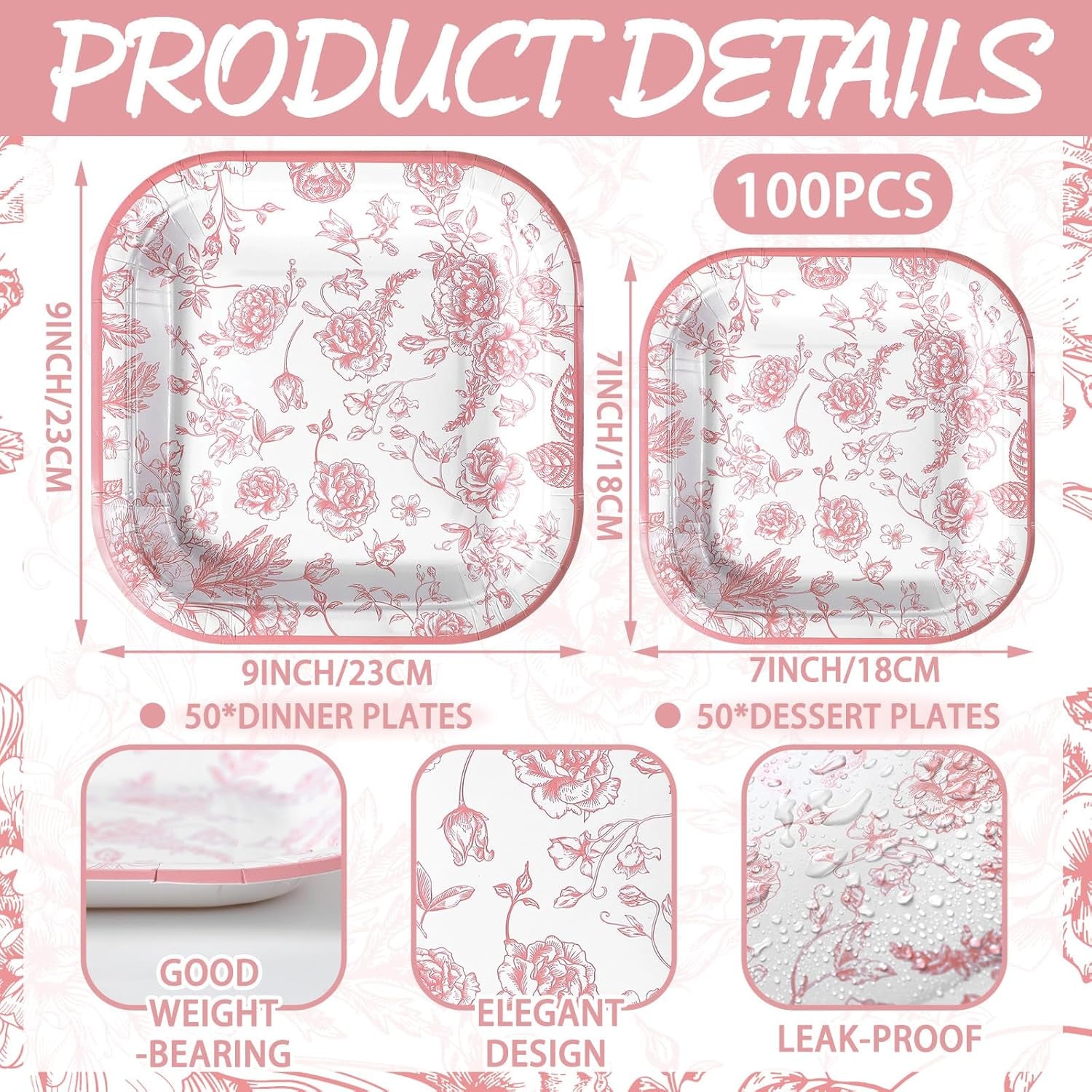 100-Piece Floral Disposable Paper Plate Set - 9-Inch Dinner Plates and 7-Inch Square Dessert Plates for Birthday, Wedding, and Baby Shower Celebrations (Pink, Floral Design)