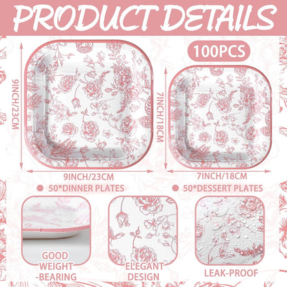 100-Piece Floral Disposable Paper Plate Set - 9-Inch Dinner Plates and 7-Inch Square Dessert Plates for Birthday, Wedding, and Baby Shower Celebrations (Pink, Floral Design)