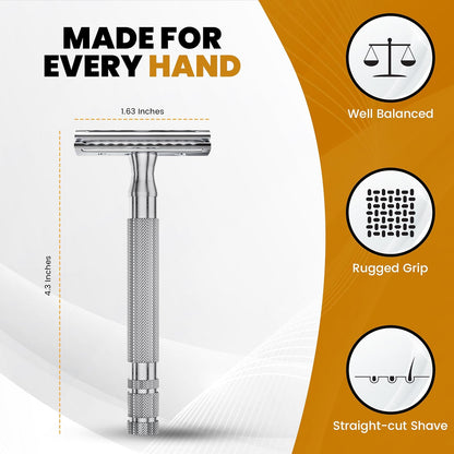 Double Edge Safety Razor for Men & Women with 10 Premium Stainless Steel Blade Refills, Reusable Single Blade Razor, Silver