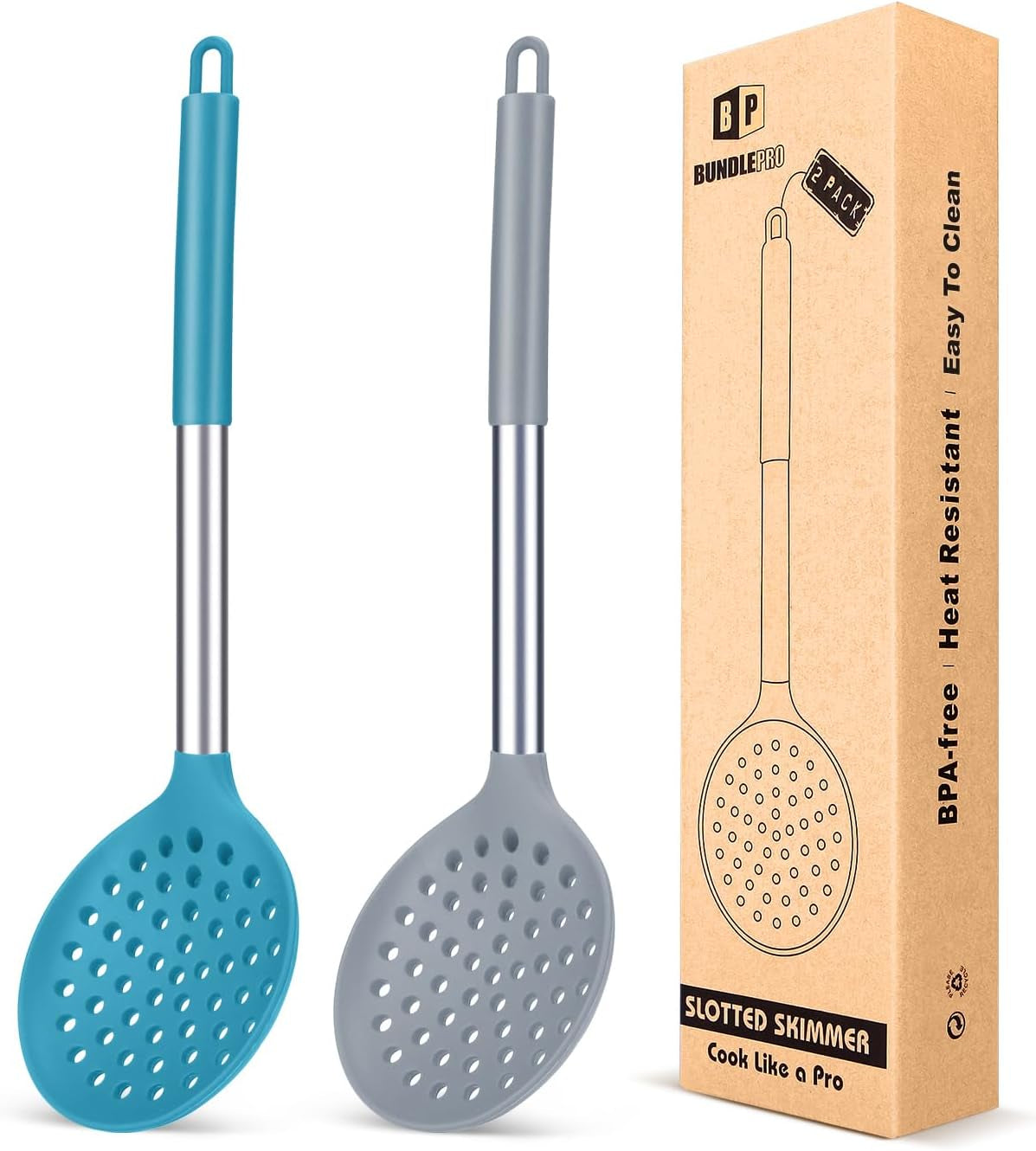 Kitchen Ladle Strainer Set of 2 Large Slotted Spoon with High Heat Resistant BPA Free Non Stick Cooking Skimmers for Draining and Frying (Grey and Teal Blue)