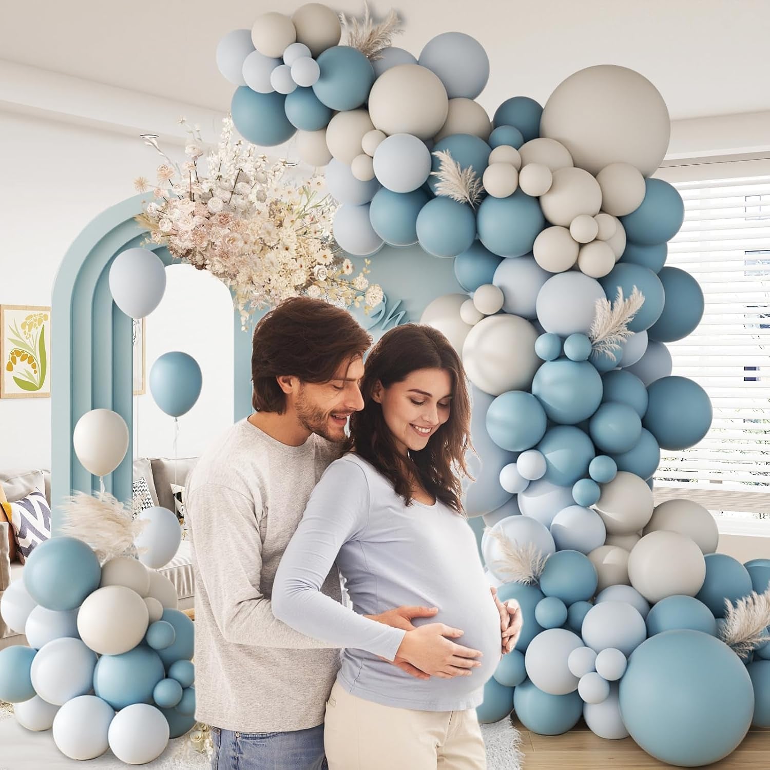 141Pcs Dusty Blue Balloons, Dusty Blue Balloon Arch Kit with White Sand Balloons for Gender Reveal Baby Shower Birthday Party Decorations