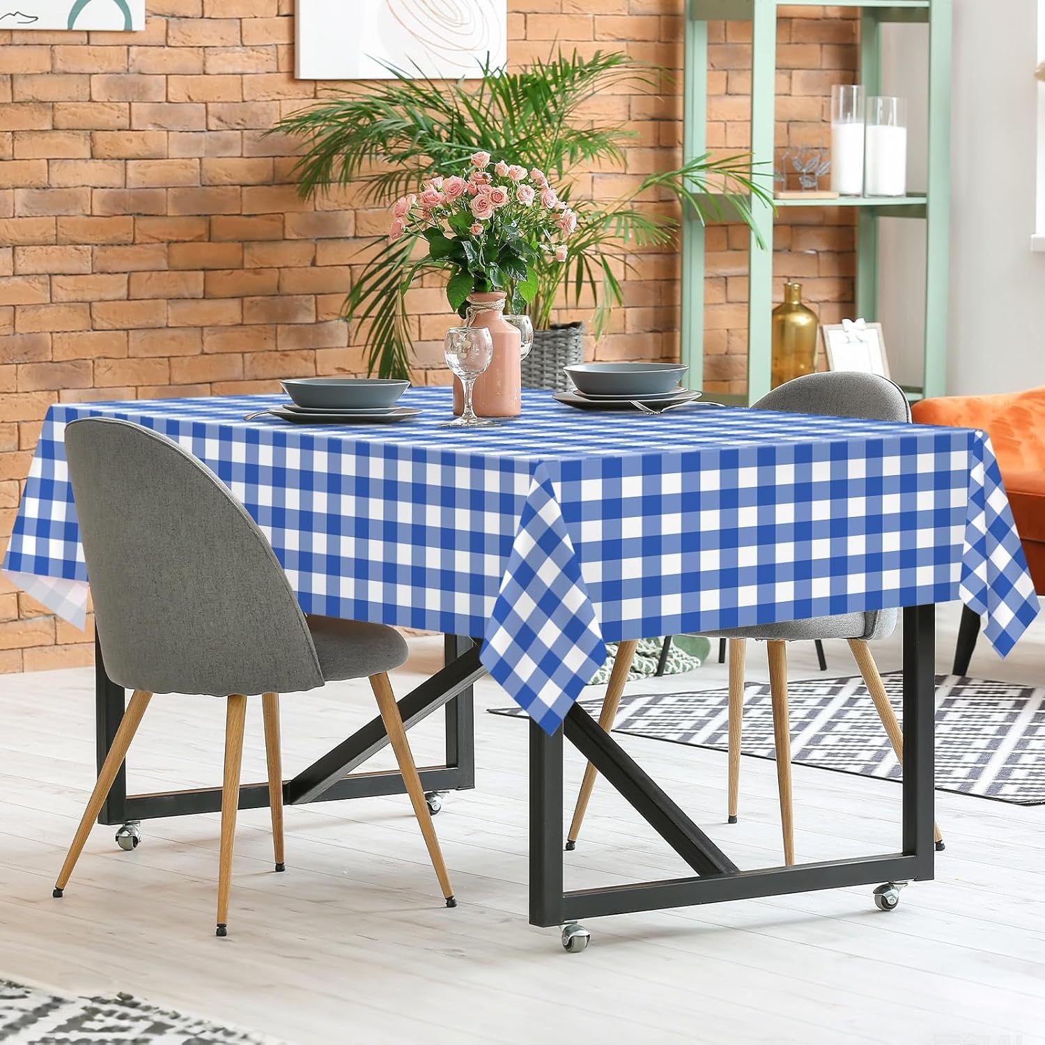 2 Pack Blue Gingham Tablecloth, 54 X 108 Inches Blue and White Checkered Tablecloths Plastic Table Cloth Disposable Picnic Tablecovers for Rectangle Table
