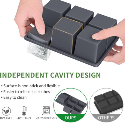 Large Ice Cube Tray for Whiskey:  Silicone Ice Cube Trays with Lid - 2Pack Big Square Old Fashioned Ice Cube Maker for Cocktail - 2Inch Huge Cubed Ice Trays for Whisky