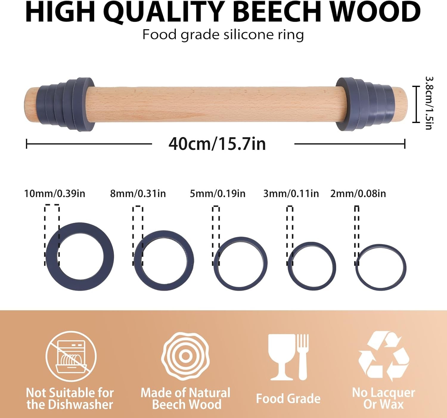 Adjustable Wood Rolling Pin with Thickness Rings for Baking -Non Stick Wooden Dough Roller Pin with Spacer Bands for Cookie,Pie Crust, Pastry Fondant and Bread by  (15.8, Grey)