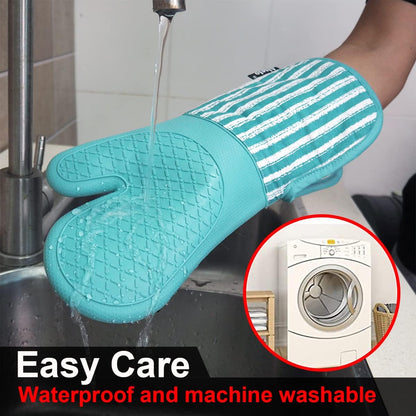 Silicone Oven Mitts Heat Resistant 932℉ with Waterproof & Non-Slip Kitchen Mittens, Set of 2 Extra Long Oven Gloves with Soft Cotton Terry Lining for Baking Cooking Barbecue