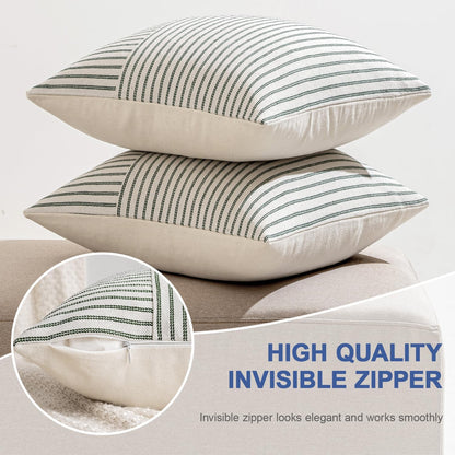 Dark Green Patchwork Farmhouse Pillow Covers 18X18 Inch, Pack of 2 Striped Linen Decorative Modern Accent Pillow Cases for Sofa Couch Bedroom
