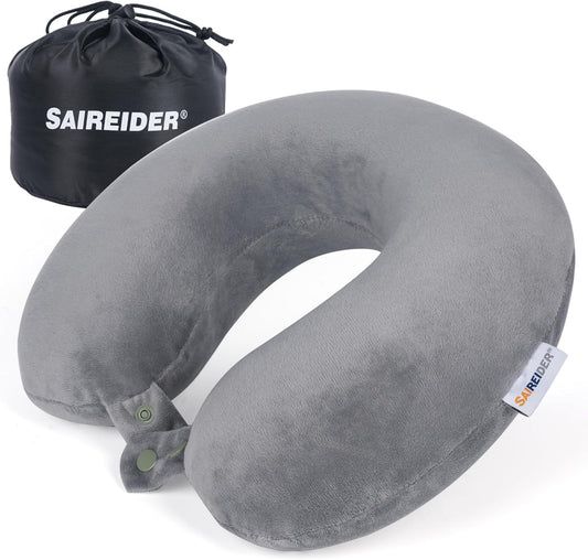 Travel Pillows for Sleeping Airplane 100% Pure Memory Foam Neck Pillow for Airplanes Washable Cover with Storage Bag (Grey)