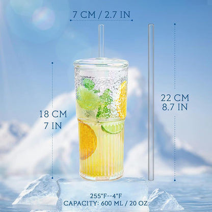 20Oz Glass Cups with Lids and Straws, 2 Pack High Borosilicate Iced Coffee Cups Drinking Glasses Tumbler for Smoothie, Water, Tea, Juice Drinks, Rainbow