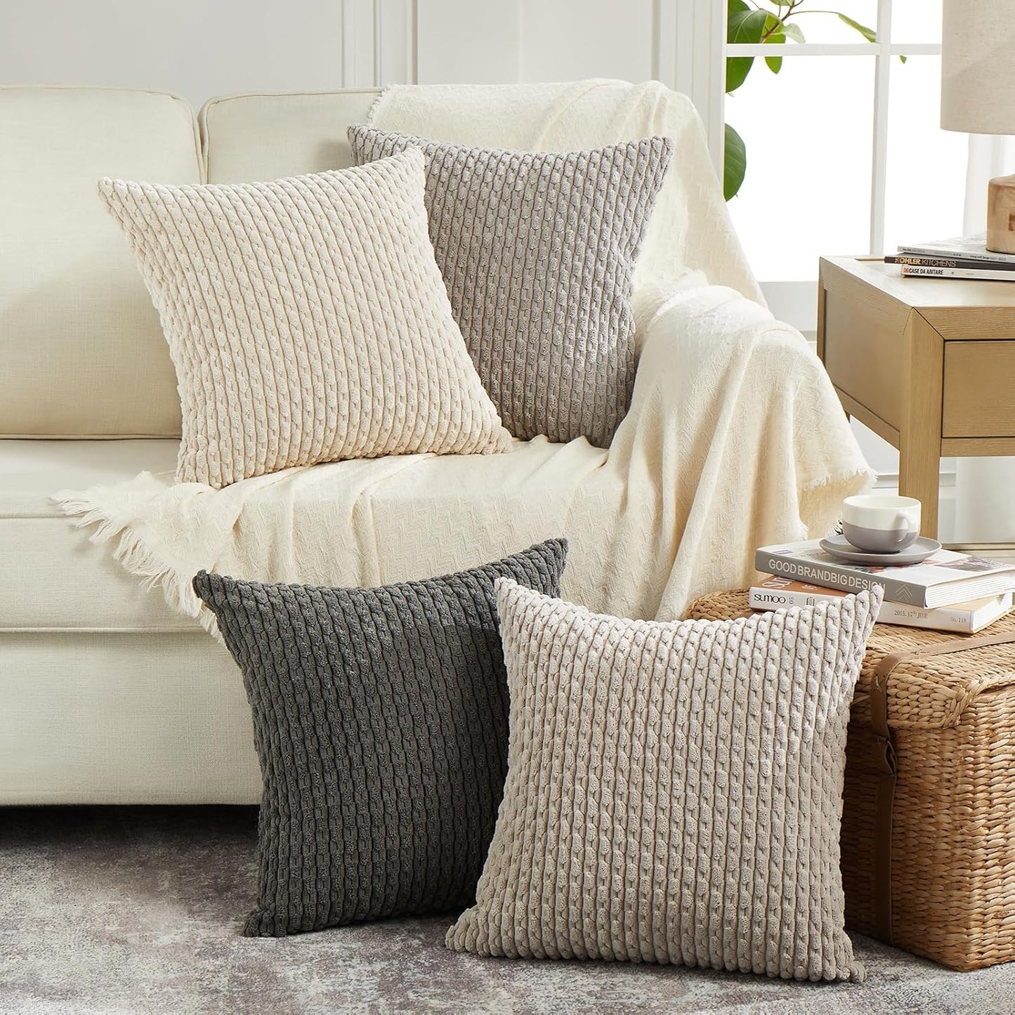 Set of 4 Farmhouse Neutral Decorative Throw Pillow Covers 18X18 Inch for Couch Bed Sofa Bedroom, Modern Boho Home Decor, Soft Fluffy Textured Corduroy Cute Grey Series Cushion Case 45X45 Cm