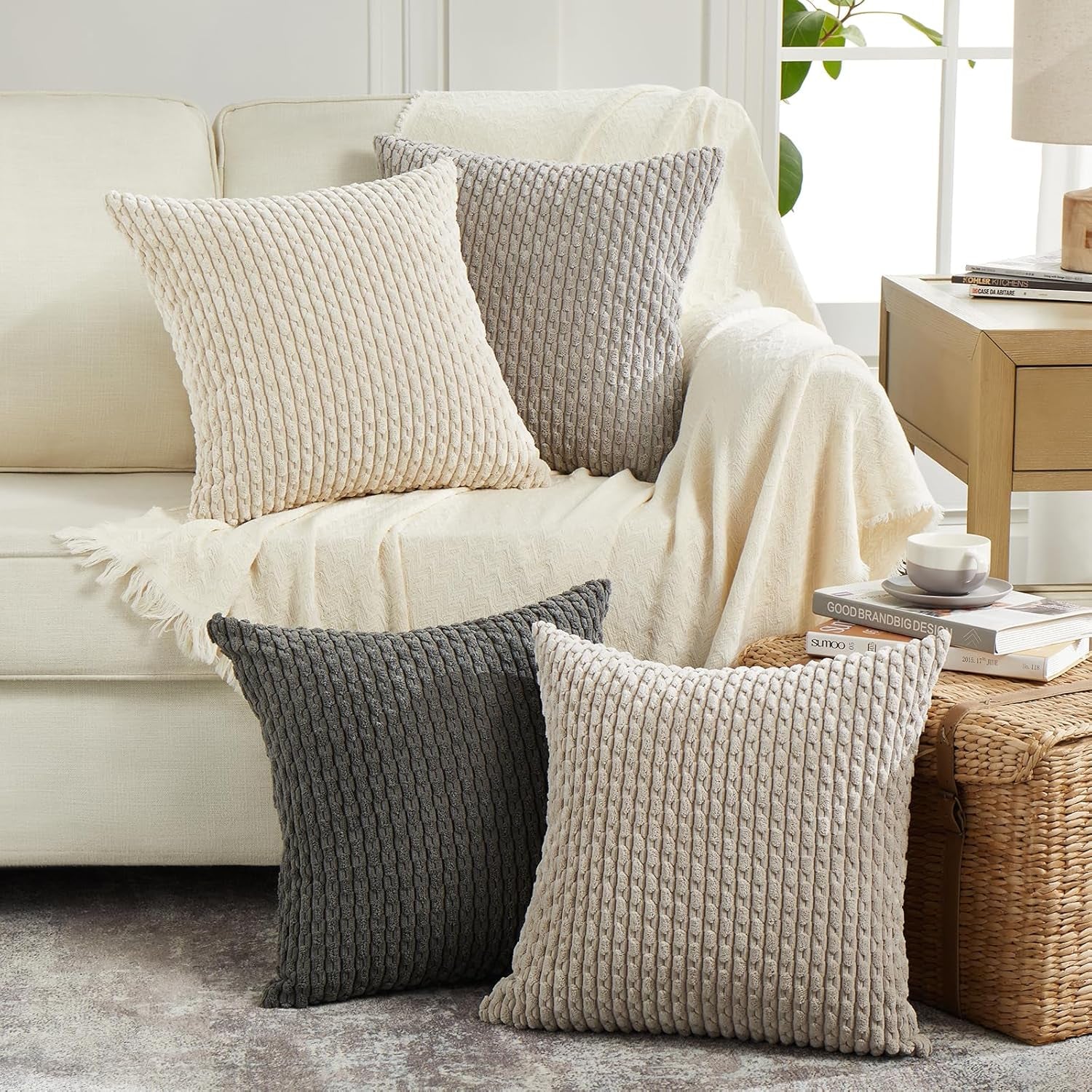 Set of 4 Farmhouse Neutral Decorative Throw Pillow Covers 18X18 Inch for Couch Bed Sofa Bedroom, Modern Boho Home Decor, Soft Fluffy Textured Corduroy Cute Grey Series Cushion Case 45X45 Cm