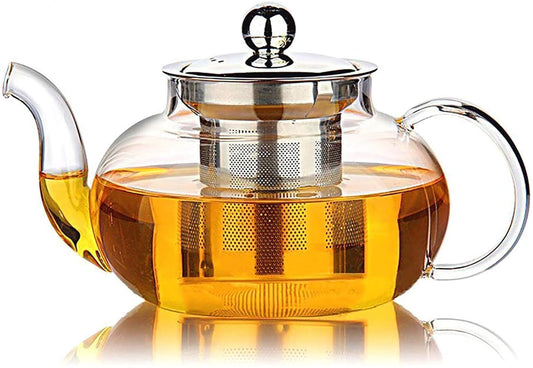 Glass Teapot with Stainless Steel Infuser & Lid, Borosilicate Glass Tea Pot Stovetop Safe, Blooming & Loose Leaf Teapots, 27 Oz