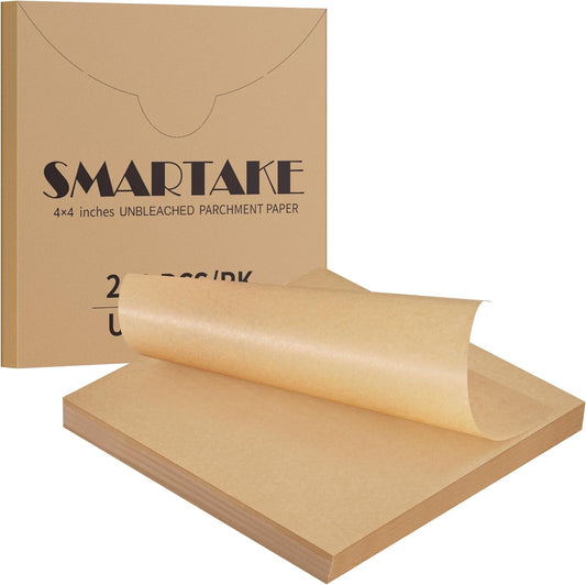 4X4 Inch Parchment Paper Sheets, 200Pcs Unbleached Parchment Paper for Baking, Non-Stick Precut Square Baking Paper, for Wrapping Candy Seprating Cup Cake Cookie and More
