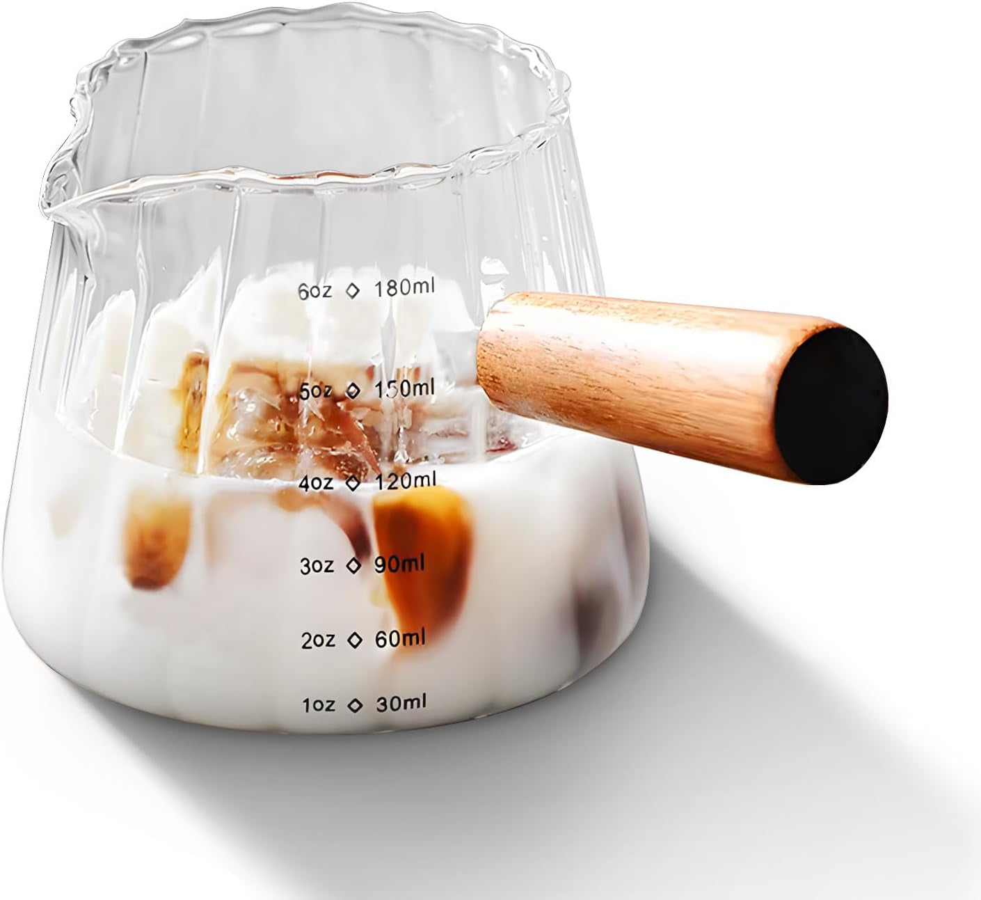 6 Oz/180Ml Glass Measuring Cup with Wooden Handle – Espresso Shot Cups, Ribbed Milk Frothing Pitcher, Dual Scale Markings, V-Shaped Mouth for Easy Pouring