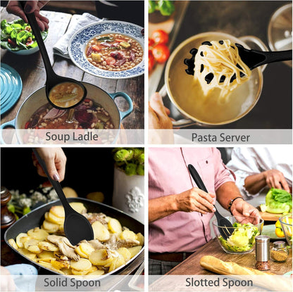 Silicone Cooking Utensils Set of 7, Heat-Proof Kitchen Utensils Set for Nonstick Cookware, Non-Stick Spatula, Slotted Turner, Soup Ladle, Pasta Server, Spoon for Cooking Serving - Black