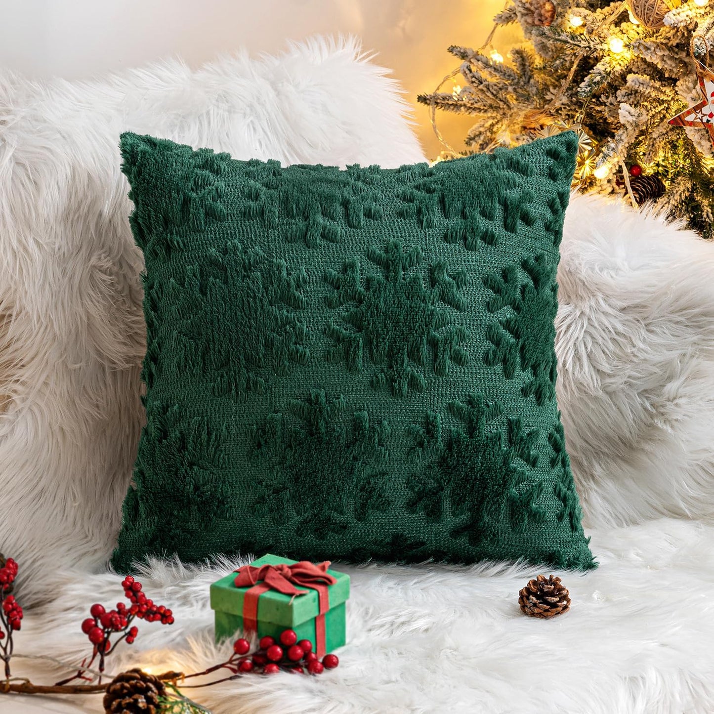 Christmas Snowflake Decorative Throw Pillow Covers Set of 2,Soft Fluffy Faux Wool Winter Holiday Couch Pillows for Farmhouse Boho Home Decor Sofa Bed Porch Living Room 18X18 Inch Green