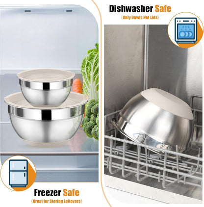 Mixing Bowl with Lid Set, 5 Piece Stainless Steel Mixing Nesting Bowls for Salad Storage, 3 Grater Attachments & Non-Slip Bottoms, Size 1/1.5/2 / 2.6/4.6 QT, Khaki