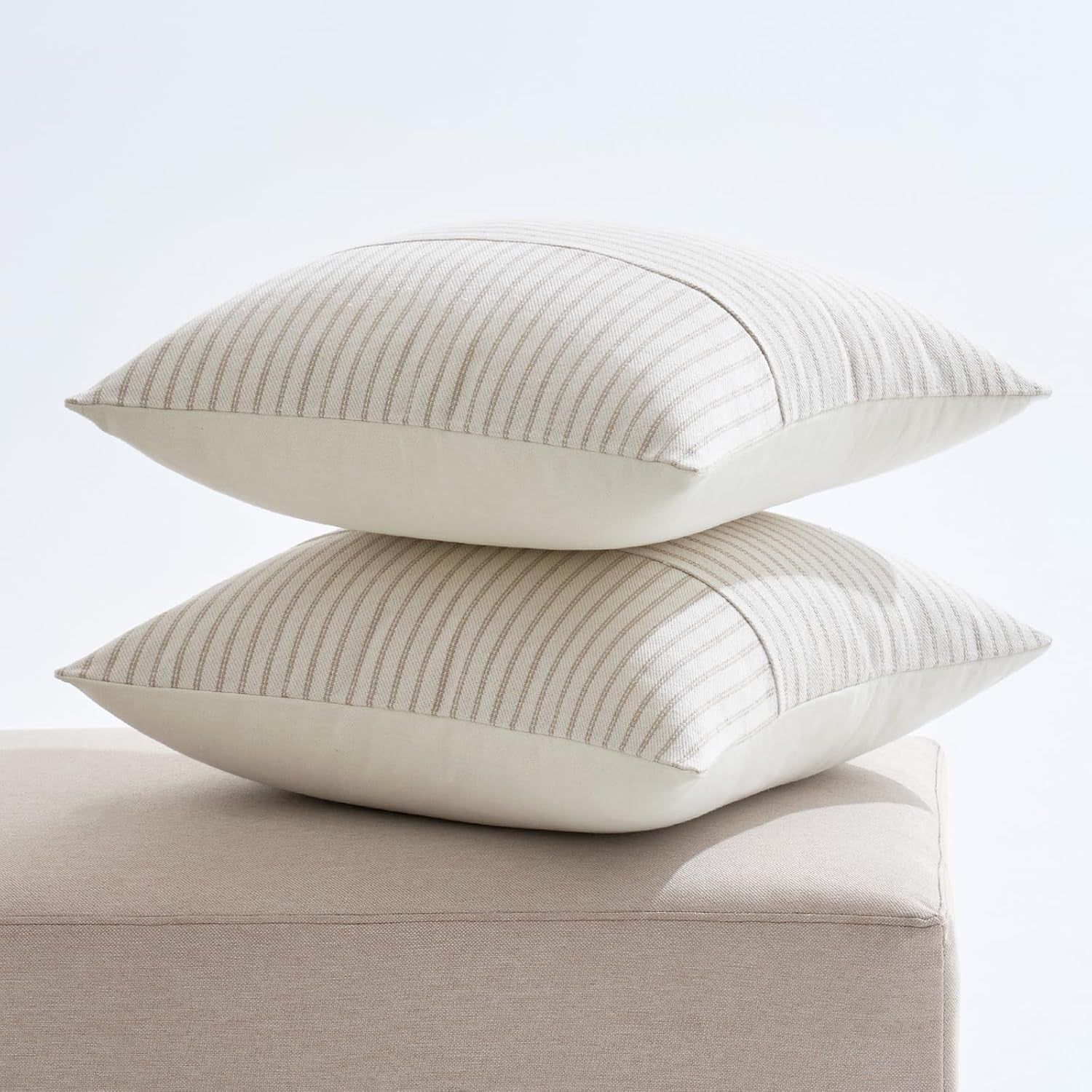 Khaki and Beige Patchwork Farmhouse Pillow Covers 18X18 Inch, Pack of 2 Striped Linen Decorative Modern Accent Pillow Cases for Sofa Couch Bedroom