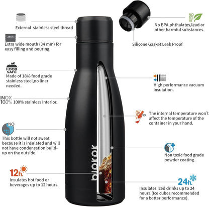 12Oz Water Bottles Stainless Steel Double Wall Vacuum Insulated Small Water Bottles for Travel,Midnight Black