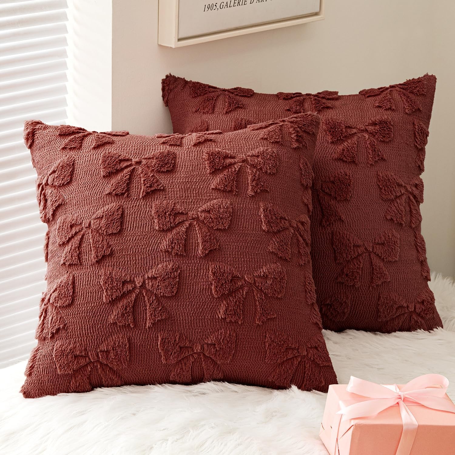 Burgundy Bow Decorative Pillow Covers - Set of 2 Soft Plush Faux Cases for Aesthetic Room Decor, 18x18 Inches