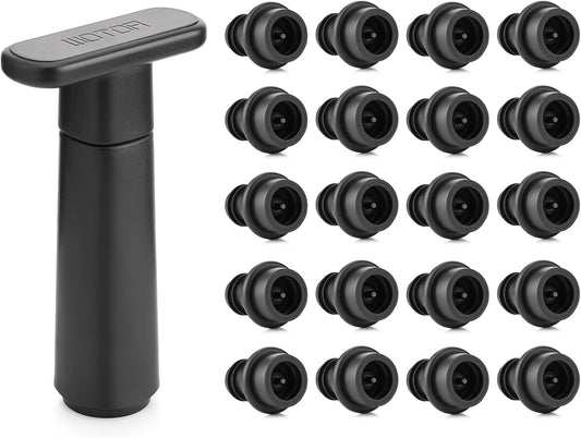 Wine Saver Vacuum Pump with 20 Stoppers, Wine Stopper & Preserver, Reusable Bottle Sealer Keeps Fresh, Ideal Accessories Gift (Flat Handle)