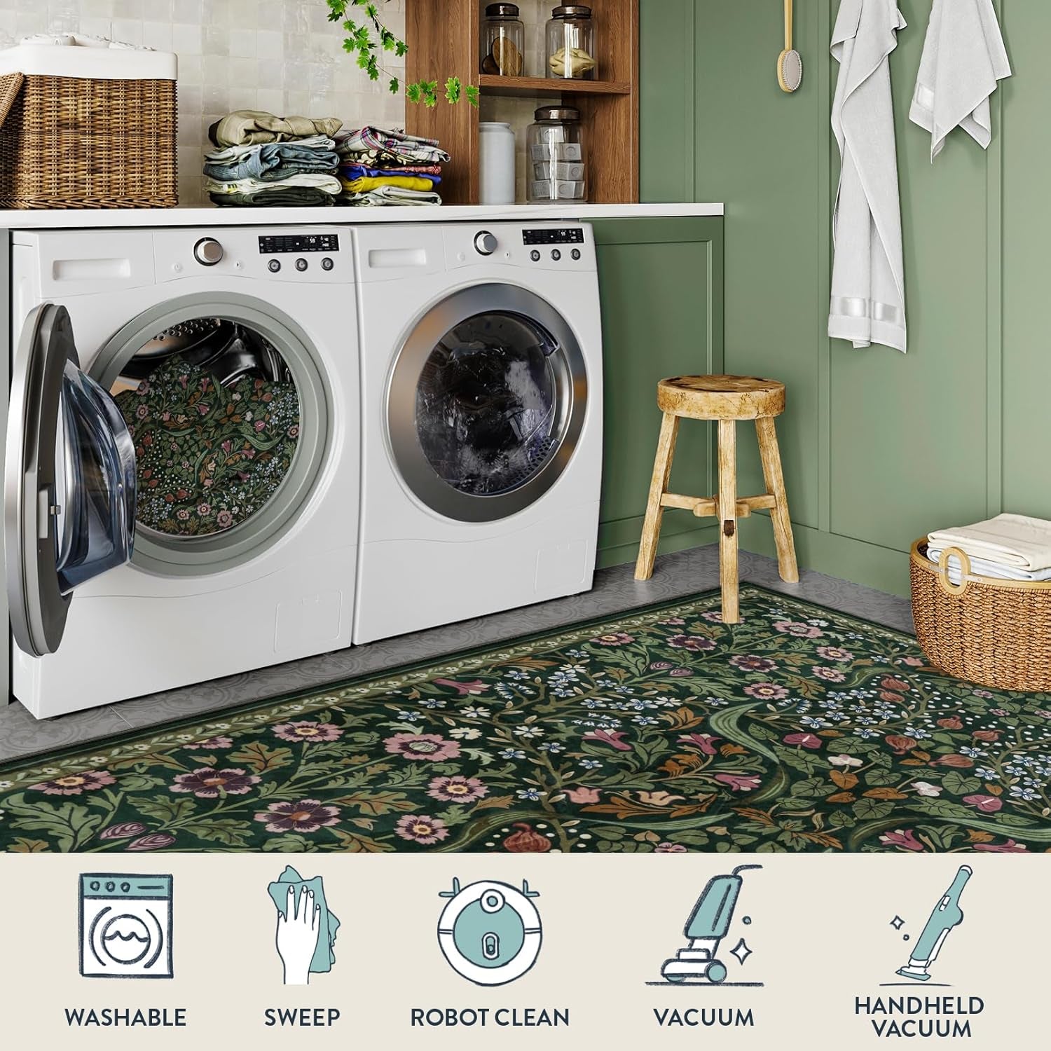 Floral 5X7 Washable Living Room Rugs, Green Area Rugs for Bedroom Rubber Backed, Botanical Thin Stain-Resistant Carpet for Dining Room, Guestroom, Kids Room