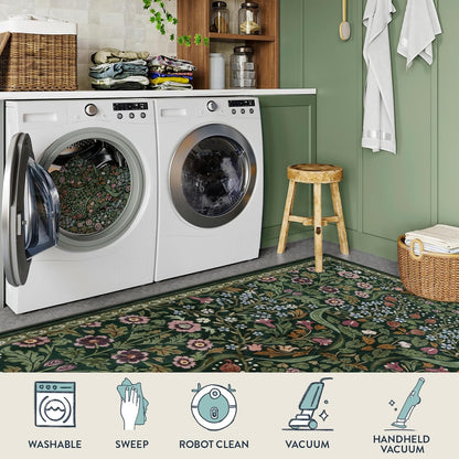 Floral 5X7 Washable Living Room Rugs, Green Area Rugs for Bedroom Rubber Backed, Botanical Thin Stain-Resistant Carpet for Dining Room, Guestroom, Kids Room