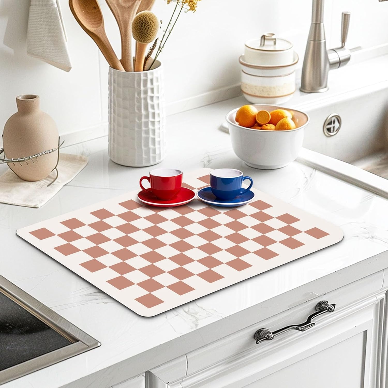 Coffee Mats, 19"X12" Checkered Dish Drying Mat for Kitchen Counter, Quick Dry Mat, Diatomite Absorbent Aesthetic Large Drying Mats for Coffee Bar - Beige