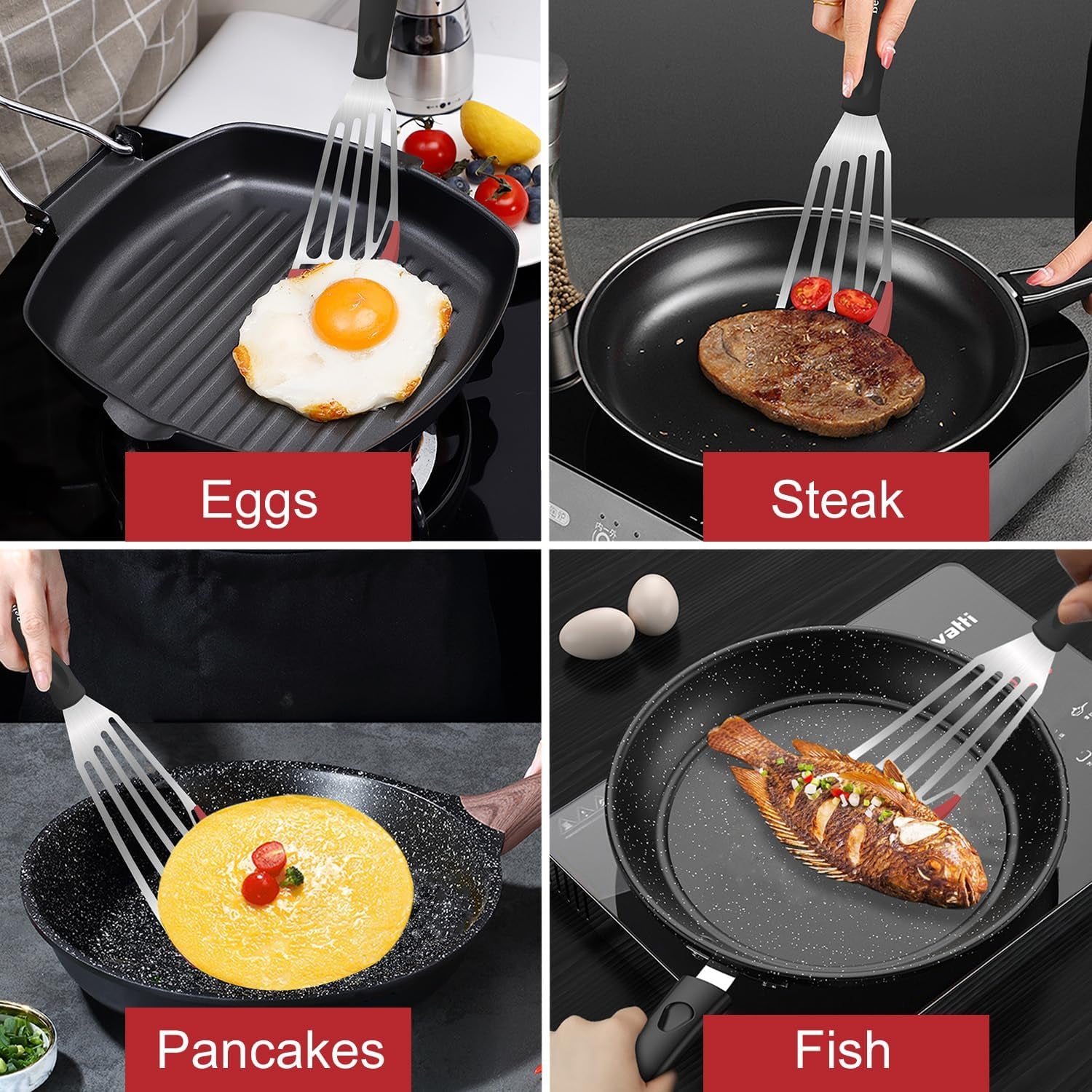 Fish Spatula Turner Set of 2, Heat Resistant Silicone Edge Slotted Fish Spatulas for Nonstick Cookware, Flexible and Thin Stainless Steel Kitchen Cooking Spatula Flipper for Fish, Egg, Pancake