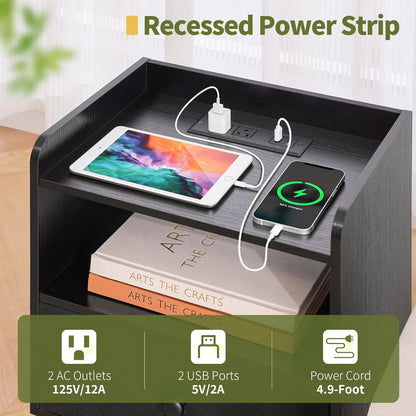 Nightstand with Charging Station, Modern Night Stand with LED Lights, Wood Nightstands with Fabric Drawer & Storage Shelf, Night Stands Bedside Table with USB Ports for Bedroom, Office, Home