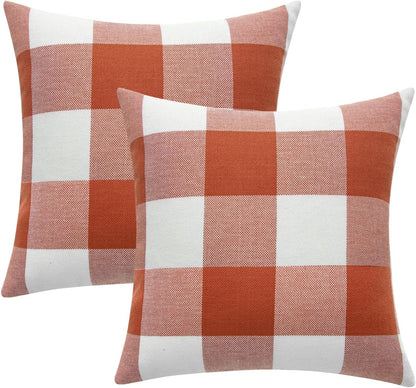 Fall Throw Pillow Covers Pack of 2 Decorative Classic Farmhouse Buffalo Check Plaids Polyester Linen Soft Cushion Case for Couch Sofa Bedroom Outdoor 18 X 18 Inch, Burnt Orange
