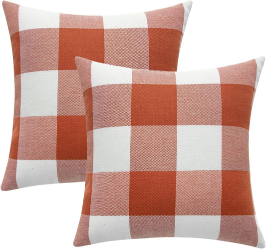 Fall Throw Pillow Covers Pack of 2 Decorative Classic Farmhouse Buffalo Check Plaids Polyester Linen Soft Cushion Case for Couch Sofa Bedroom Outdoor 18 X 18 Inch, Burnt Orange