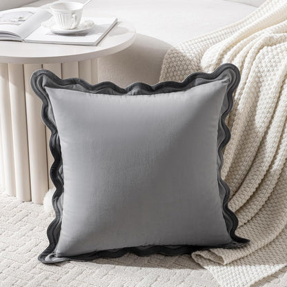 Set of 2 Grey Decorative Throw Pillow Covers 18X18 Inch with Scallop Edging for Couch Bed Sofa Indoors, Aesthetic Modern Farmhouse Home Decor, Soft Velvet Accent Gray Pillow Case 45X45 Cm