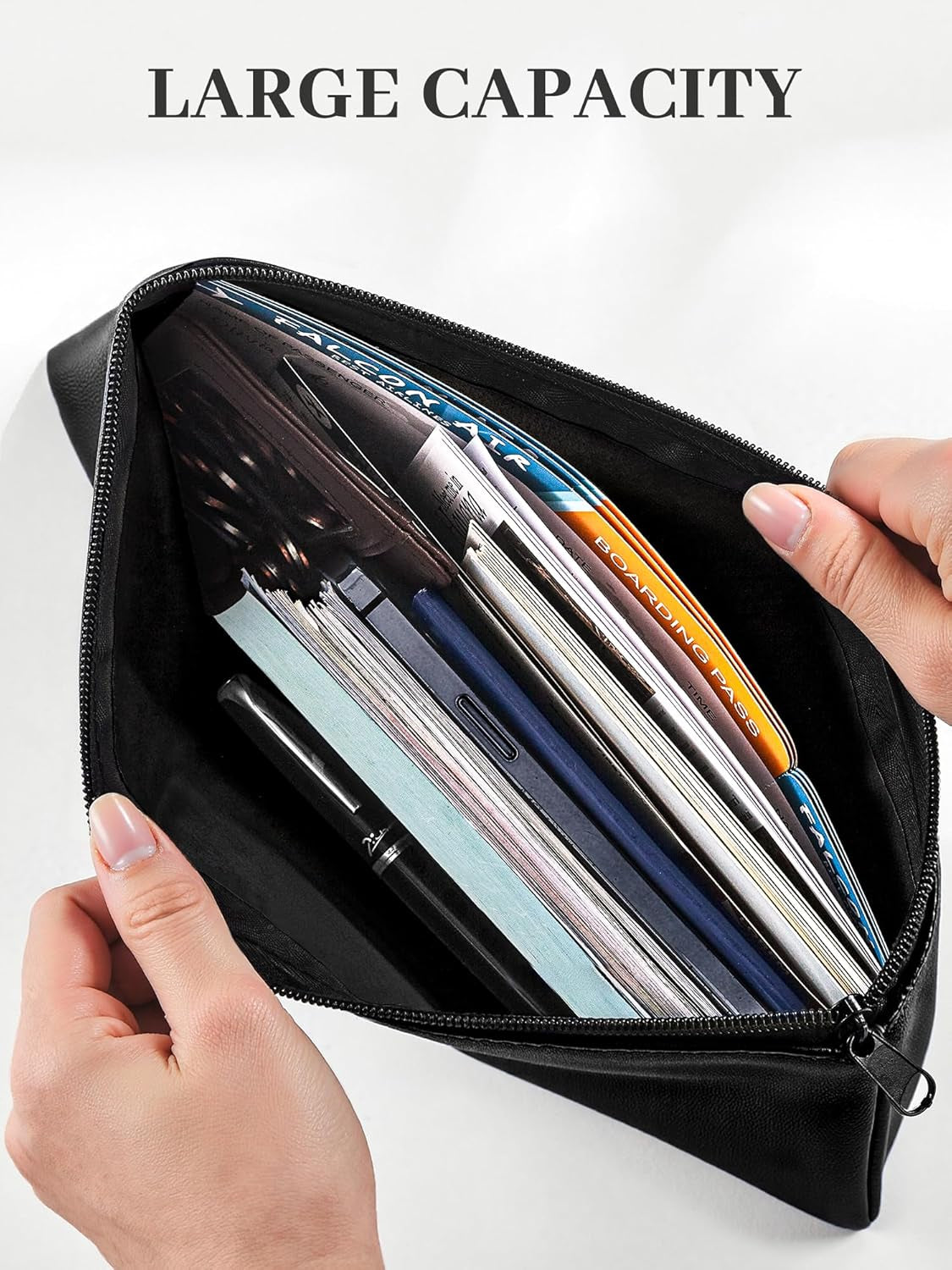 Money Bags with Zipper, 2-Pack Bank Bags with Label, Waterproof Leather Money Pouches, for Cash Coin Bill Invoice Deposit Receipt Storage and Organize, 11.5 X 6.2 Inches (Black)