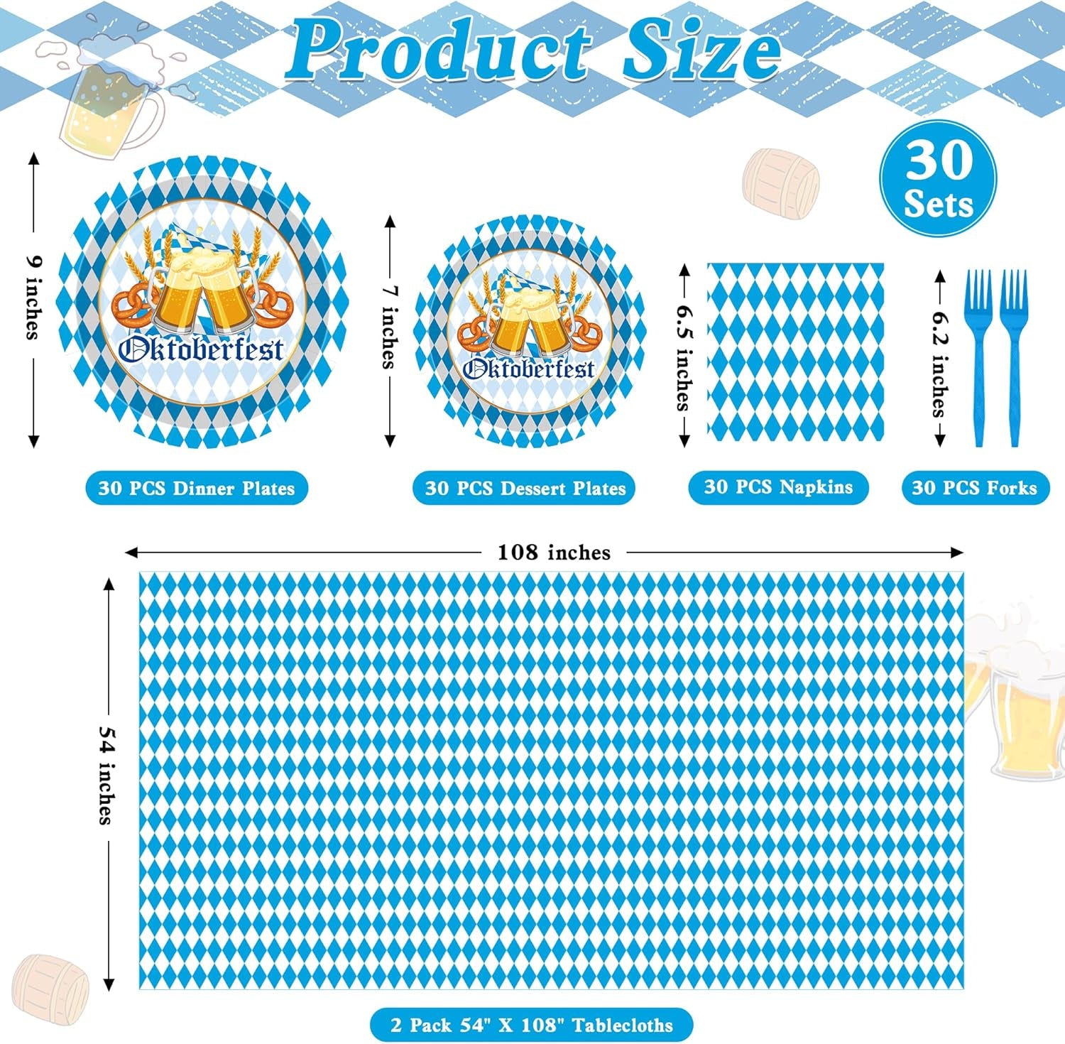 122 PCS Oktoberfest Decorations, Disposable 9" and 7" Blue and White Flag Check Beer Party Plates, Oktoberfest Paper Plates Napkins Forks Tablecover, Beer Festival Party Supplies for German Festival
