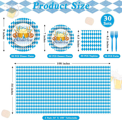122 PCS Oktoberfest Decorations, Disposable 9" and 7" Blue and White Flag Check Beer Party Plates, Oktoberfest Paper Plates Napkins Forks Tablecover, Beer Festival Party Supplies for German Festival