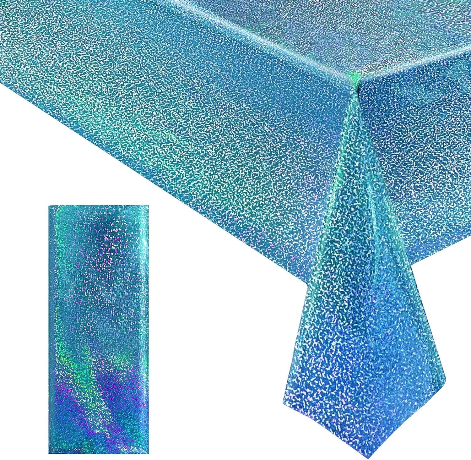 Blue Holographic Laser Tablecloth, 40" x 108", Plastic Party Table Cover for Winter Ocean Princess Birthday, Wedding, Baby Shower, and Christmas Celebrations